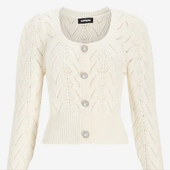 Express Loose Knit Crystal & Pearl Buttoned Cardigan - Picture 17 of 17